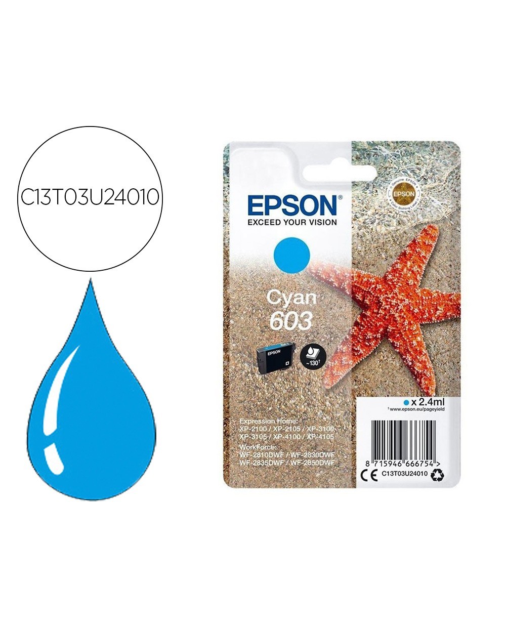 Ink jet epson 603 xp 2100 2105 3100 4100 wf 2810 2830 2835 2850 cian 130 paginas