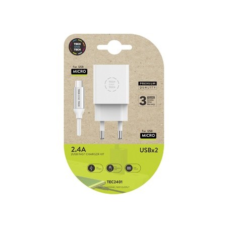 Cargador tech one tech 24 doble usb cable braided nylon micro usb android longitud 1 mt color blanco