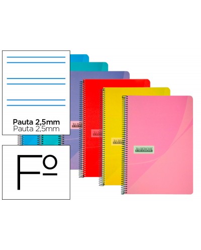 Cuaderno espiral papercop folio tapa plastico 80h 90gr pauta 25 mm con margen colores surtidos