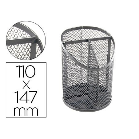 Cubilete portalapices q connect metal rejilla plata con 3 compartimientos diametro 110 altura 147 mm