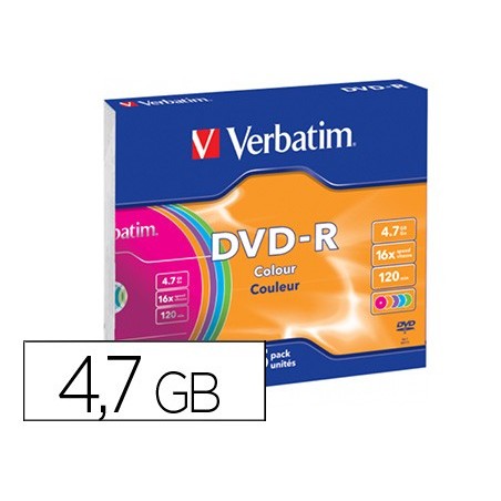 Dvd r verbatim azo capacidad 47gb velocidad 16x 120 min pack de 5 unidades colores surtidos caja slim