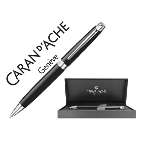 Boligrafo caran d ache leman ebony laca china negra adornos plateados rodiados con estuche y punta media