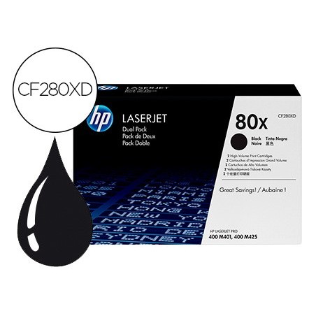 Toner hp laserjet pro 80x m401 m425 negro pack de 2 unidades 6900 paginas