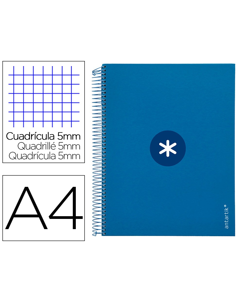 Cuaderno espiral liderpapel a4 micro antartik tapa forrada120h 100 gr cuadro 5mm 5 banda4 taladros color azul marino