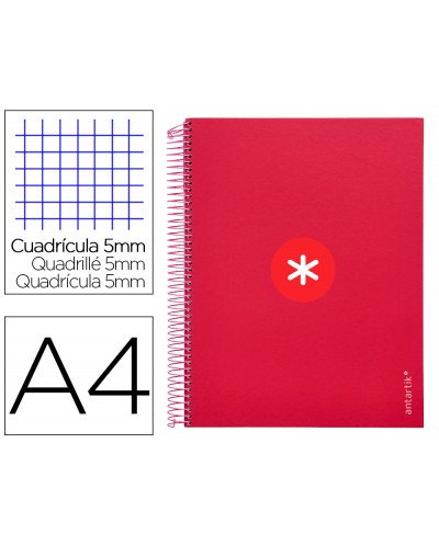 Cuaderno espiral liderpapel a4 micro antartik tapa forrada120h 100 gr cuadro 5mm 5 banda4 taladros color frambuesa