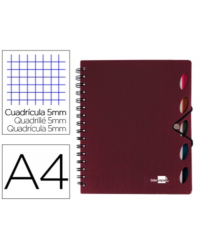 Cuaderno espiral liderpapel a4 micro executive tapa plastico 100h 80 gr cuadro 5mm 5 separadores con gomilla burdeos