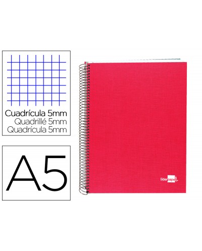Cuaderno espiral liderpapel a5 micro papercoat tapa forrada 140h 75 gr cuadro5mm 5 bandas 6 taladros rojo