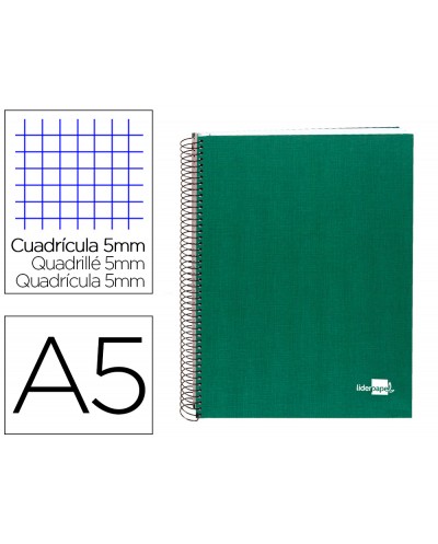 Cuaderno espiral liderpapel a5 micro papercoat tapa forrada 140h 75 gr cuadro5mm 5 bandas 6 taladros verde