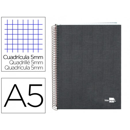 Cuaderno espiral liderpapel a5 micro papercoat tapa forrada 140h 75 gr cuadro5mm 5 bandas 6 taladros negro