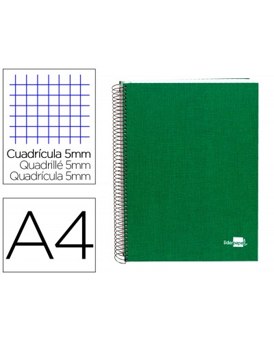 Cuaderno espiral liderpapel a4 micro papercoat tapa forrada 140h 75 gr cuadro5mm 5 bandas 4 taladros verde