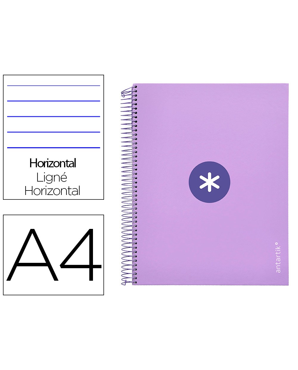 Cuaderno espiral liderpapel a4 micro antartik tapa forrada 120h 100 gr horizontal 5 banda4 taladros color lavanda