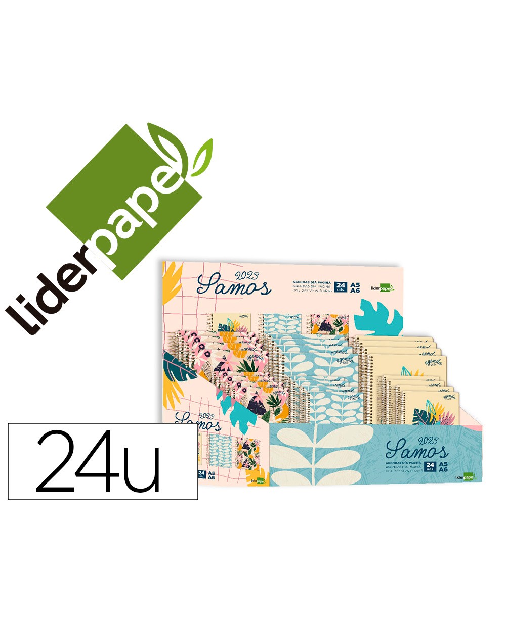 Agenda espiral liderpapel samos a5 a6 2023 expositor de 24 unidades papel 70 gr
