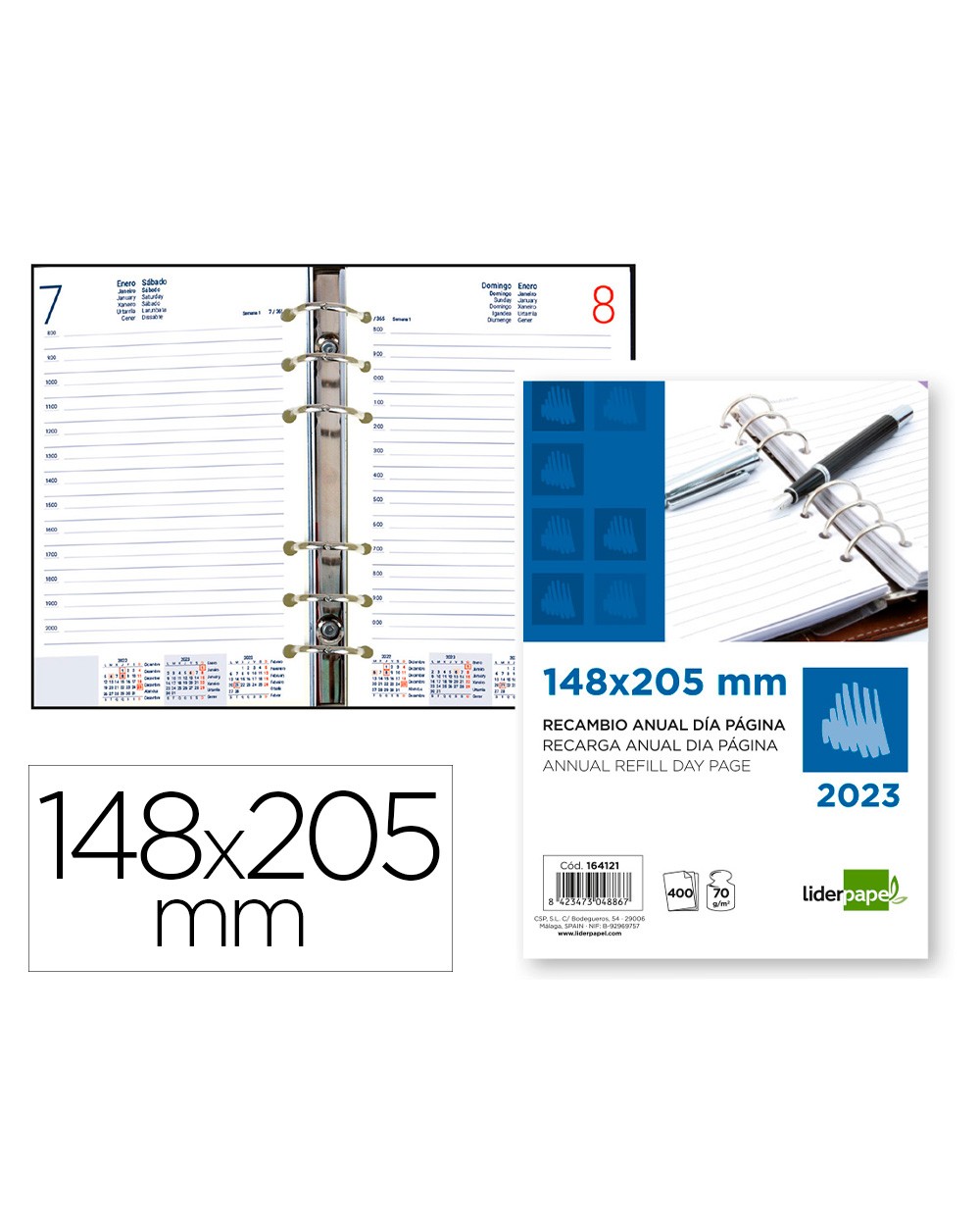 Recambio agenda anillas liderpapel 148x205 cm 2023 dia pagina papel 70 gr