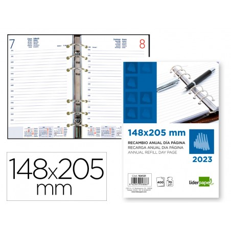 Recambio agenda anillas liderpapel 148x205 cm 2023 dia pagina papel 70 gr