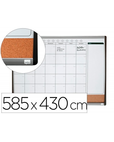 Planificador mensual nobo magnetico tablero corcho horizontal con marco arqueado plata y negro 585x430 mm