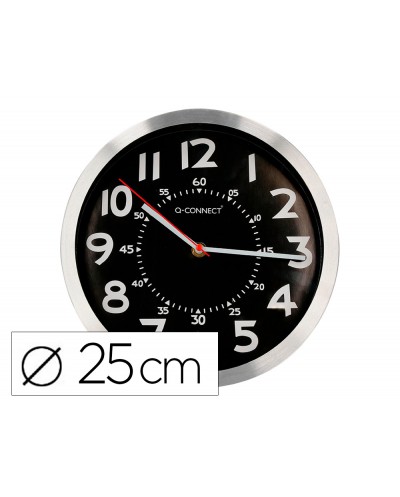 Reloj q connect de pared metalico redondo 25 cm movimiento silencioso color cromado con esfera negra