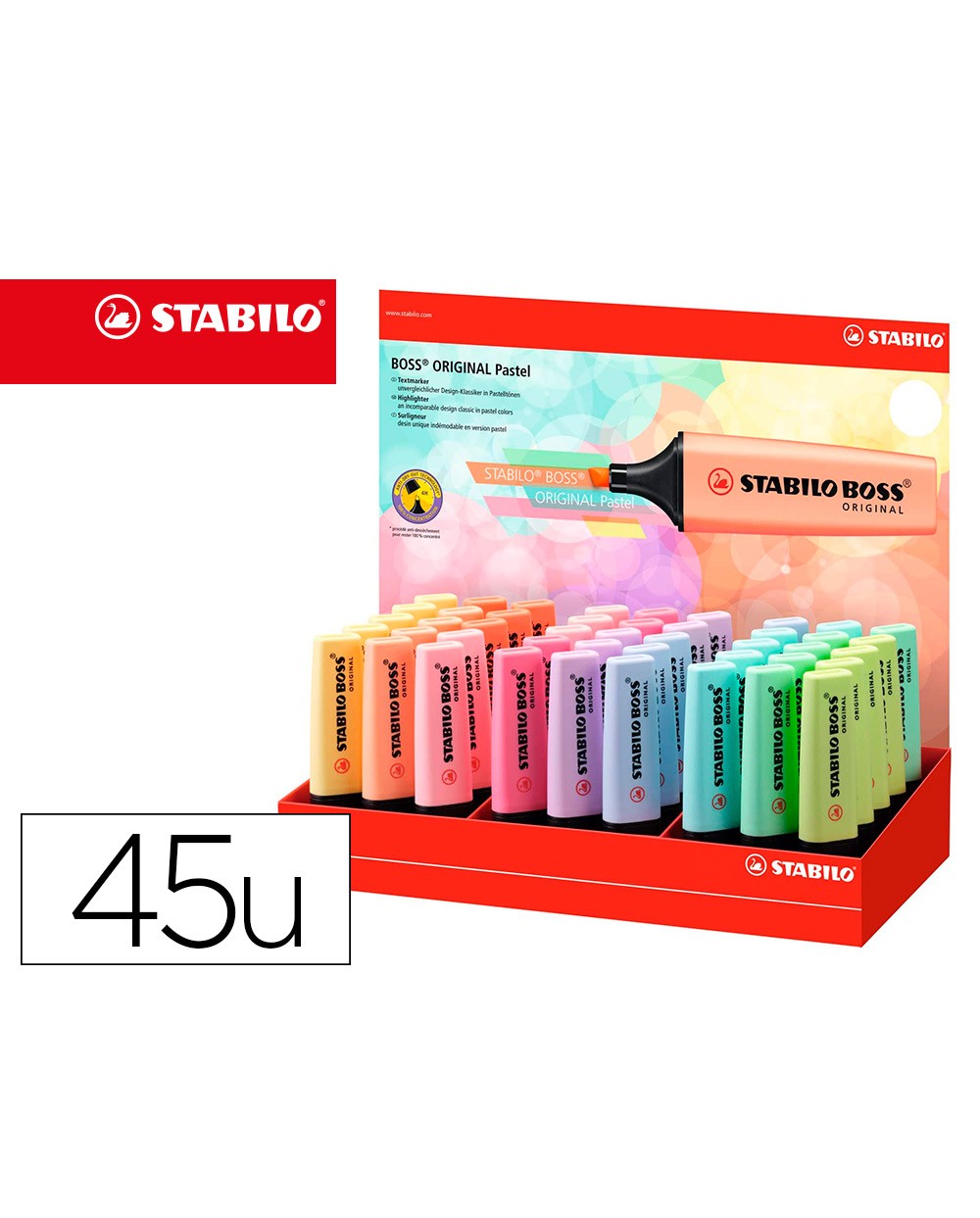 Rotulador stabilo boss fluorescente 70 pastel expositor de 45 unidades colores surtidos