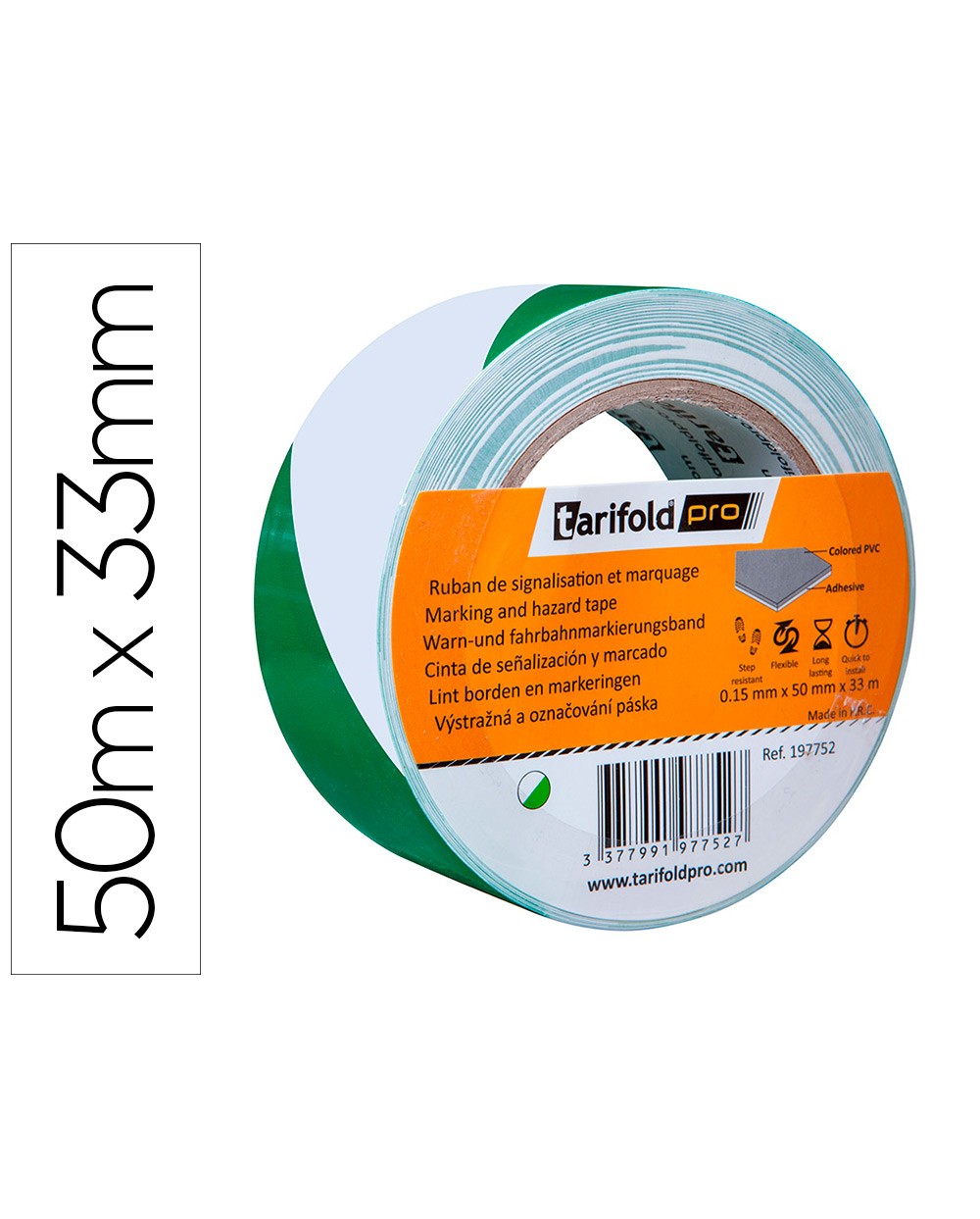 Cinta adhesiva tarifold seguridad para marcaje y senalizacion de suelo 33 mt x 50 mm color blanco verde