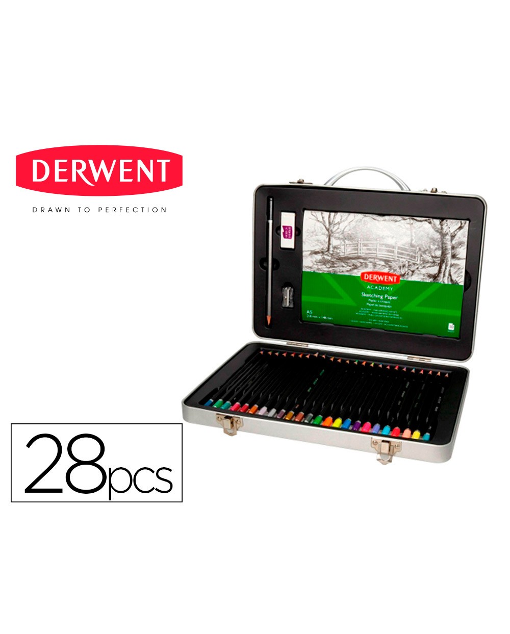 Estuche de pintura derwent academy metalico con asa lapices de colores 28 piezas