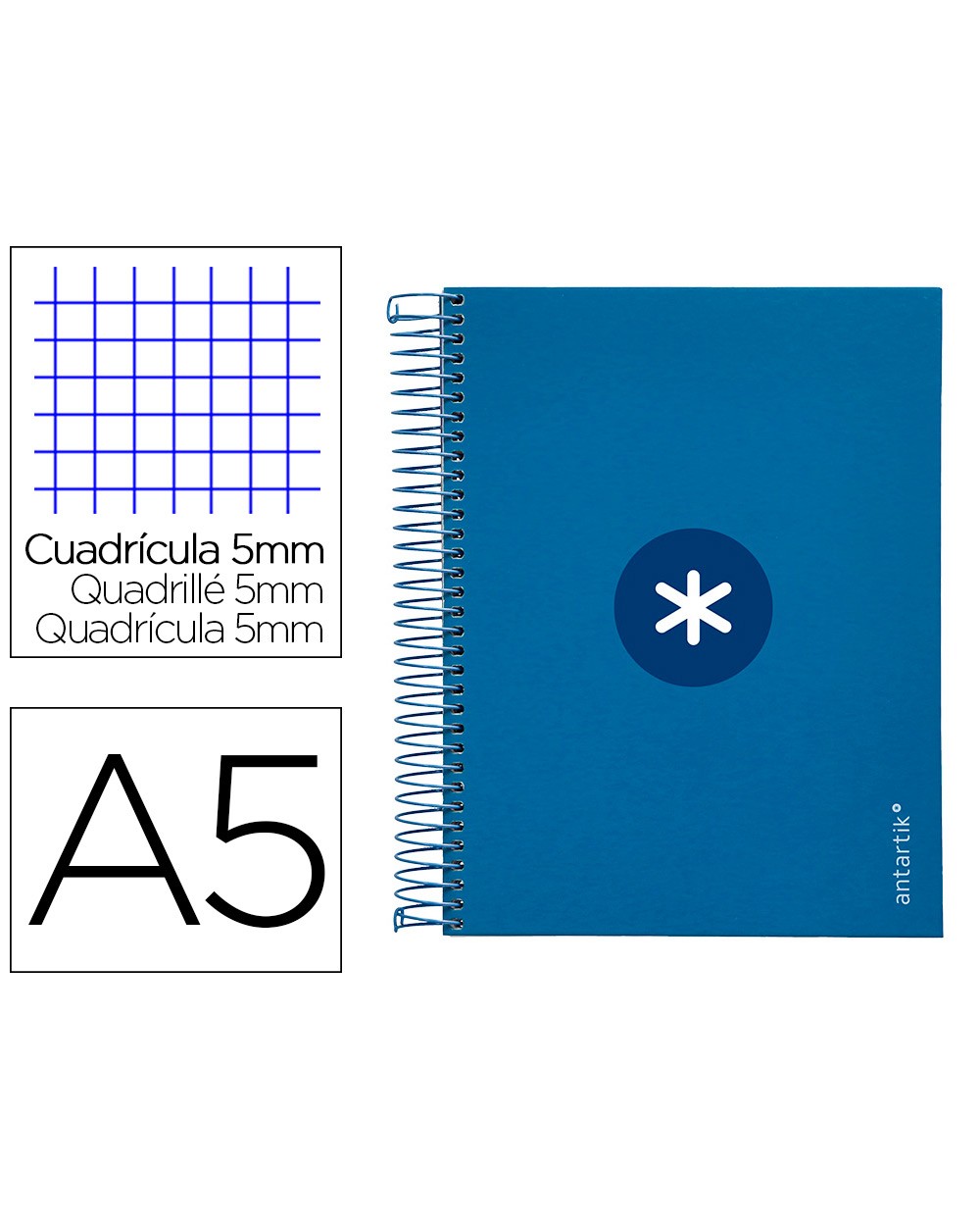 Cuaderno espiral liderpapel a5 micro antartik tapa forrada120h 100 gr cuadro 5mm 5 banda6 taladros color azul oscuro