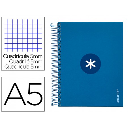 Cuaderno espiral liderpapel a5 micro antartik tapa forrada120h 100 gr cuadro 5mm 5 banda6 taladros color azul oscuro