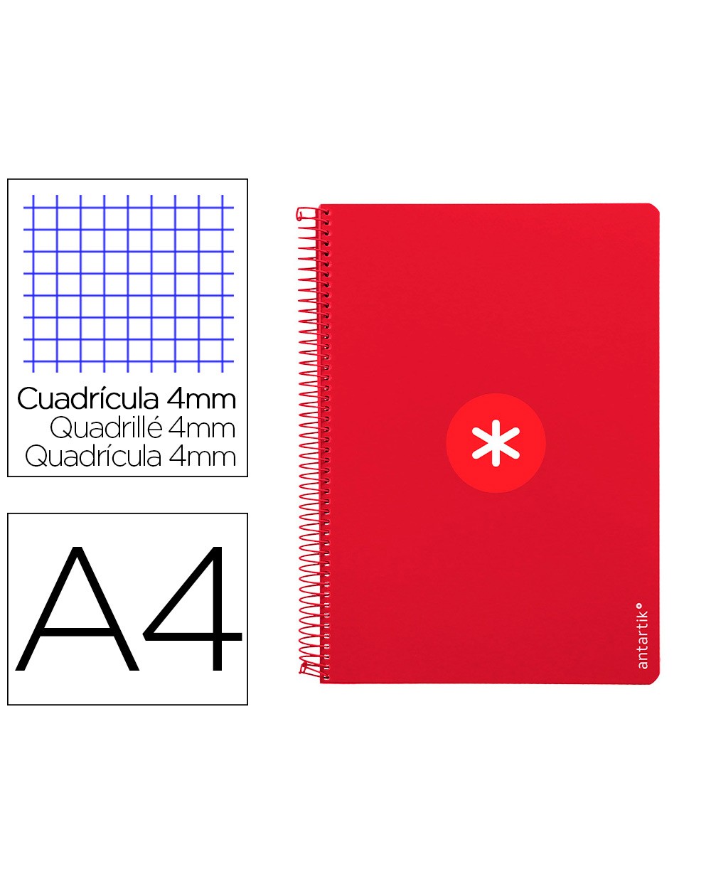 Cuaderno espiral liderpapel a4 antartik tapa dura 80h 100gr cuadro 4mm con margen color frambuesa
