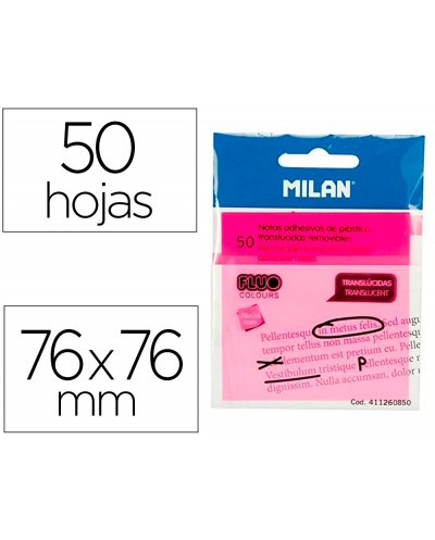 Bloc de notas adhesivas quita y pon milan 76x76 mm removible plastico translucido rosa fluor 50