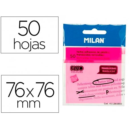 Bloc de notas adhesivas quita y pon milan 76x76 mm removible plastico translucido rosa fluor 50
