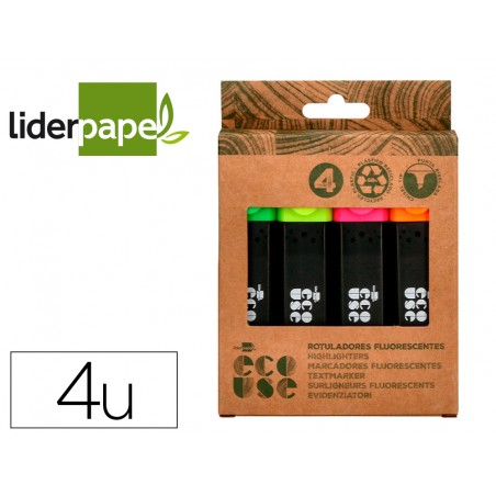 Rotulador liderpapel ecouse fluorescente fabricado con 68 plastico reciclado caja de 4 unidades colores surtidos