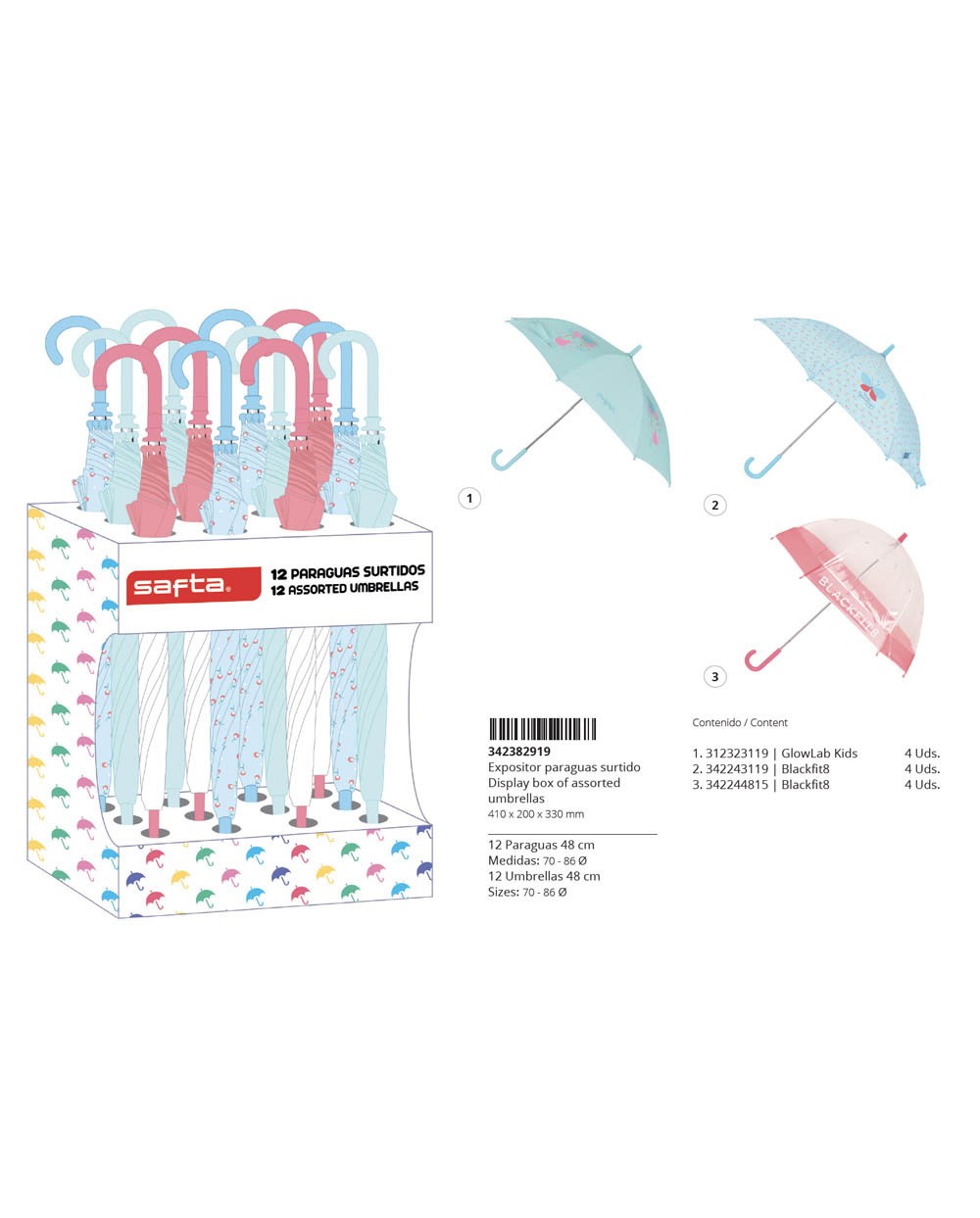 Paraguas safta expositor de 12 unidades surtidas 330x410x200 mm