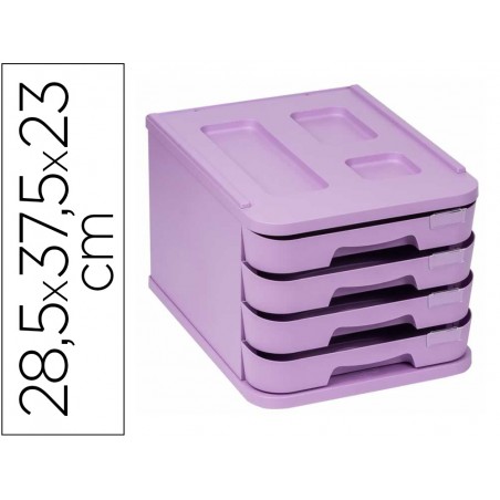 Fichero cajones de sobremesa faibo plastico 100 reciclable 4 cajones violeta pastel 285x375x23 cm
