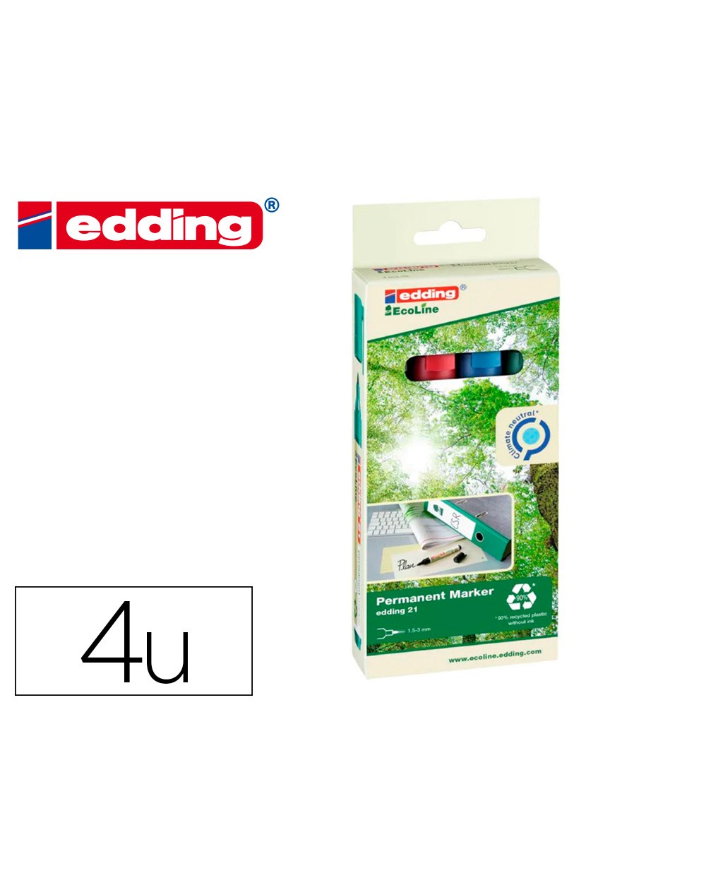 Rotulador edding 21 marcador permanente ecoline 90 reciclado bolsa 4 colores surtidos punta redonda 15 3