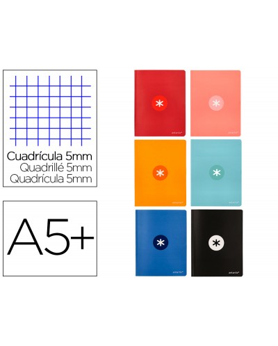 Libreta liderpapel antartik a5 plus cosida 48 hojas 90g m2 cuadro 4mm con margen 6 colores surtidos