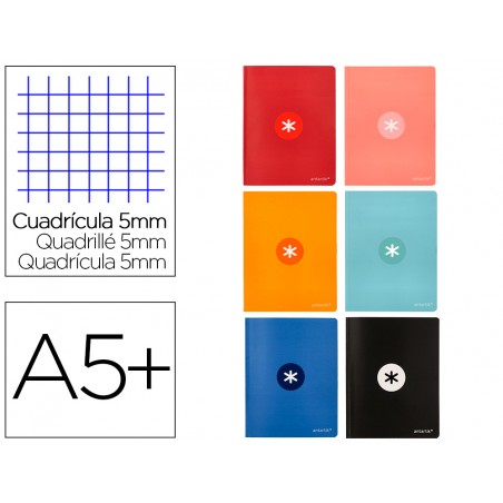 Libreta liderpapel antartik a5 plus cosida 48 hojas 90g m2 cuadro 4mm con margen 6 colores surtidos