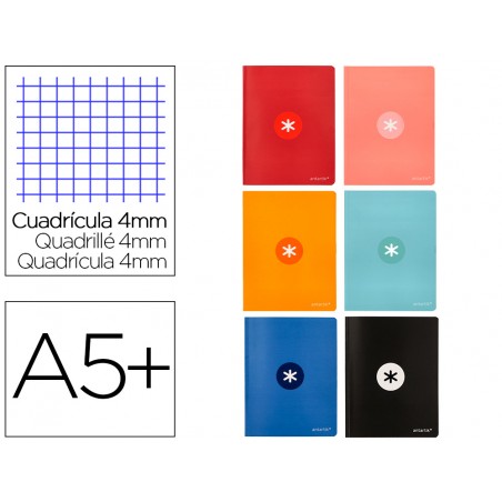Libreta liderpapel antartik a5 plus cosida 48 hojas 90g m2 cuadro 5mm con margen 6 colores surtidos