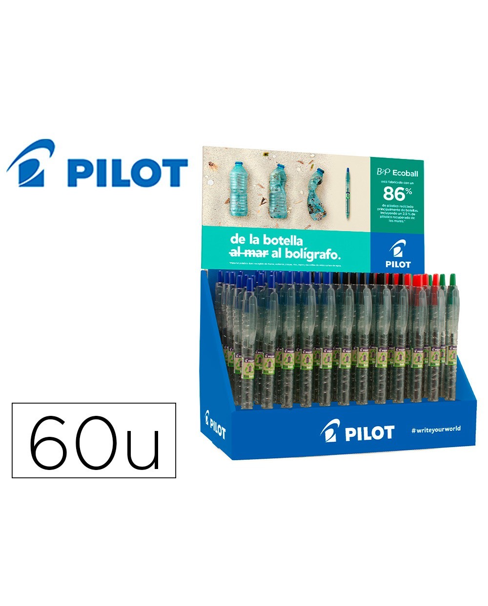 Boligrafo pilot ecoball plastico reciclado expositor de 60 unidades colores surtidos 10 boligrafos