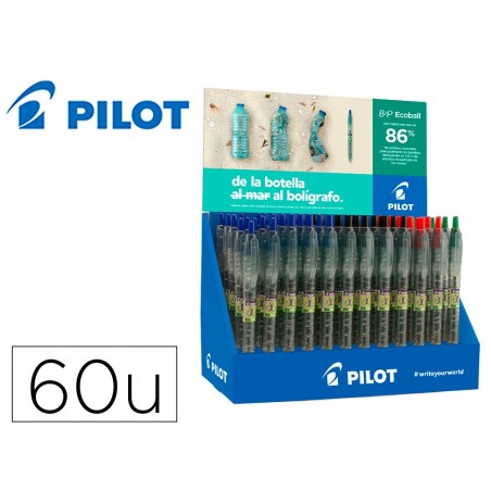 Boligrafo pilot ecoball plastico reciclado expositor de 60 unidades colores surtidos 10 boligrafos