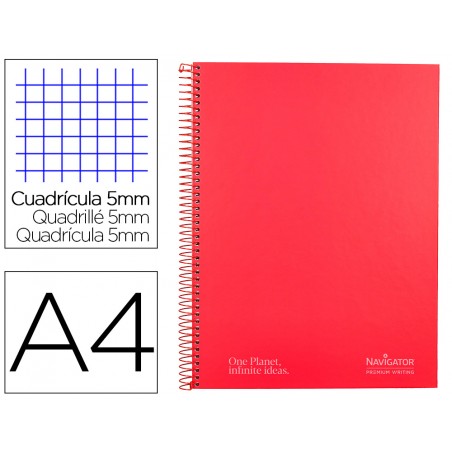 Cuaderno espiral navigator a4 micro a4 tapa forrada 120h 80gr cuadro 5mm 5 bandas 4 taladros color rojo