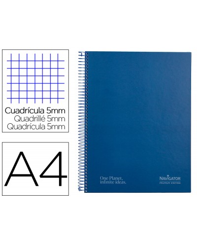 Cuaderno espiral navigator a4 micro a4 tapa forrada 120h 80gr cuadro 5mm 5 bandas 4 taladros color azul marino