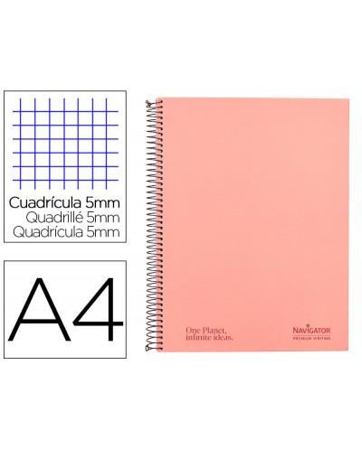 Cuaderno espiral navigator a4 micro a4 tapa forrada 120h 80gr cuadro 5mm 5 bandas 4 taladros color rosa