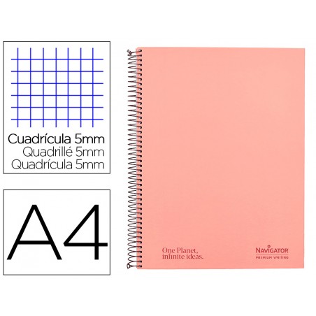 Cuaderno espiral navigator a4 micro a4 tapa forrada 120h 80gr cuadro 5mm 5 bandas 4 taladros color rosa