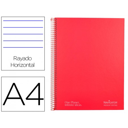 Cuaderno espiral navigator a4 micro tapa forrada 80h 80gr cuadro 5mm 1 banda color rojo