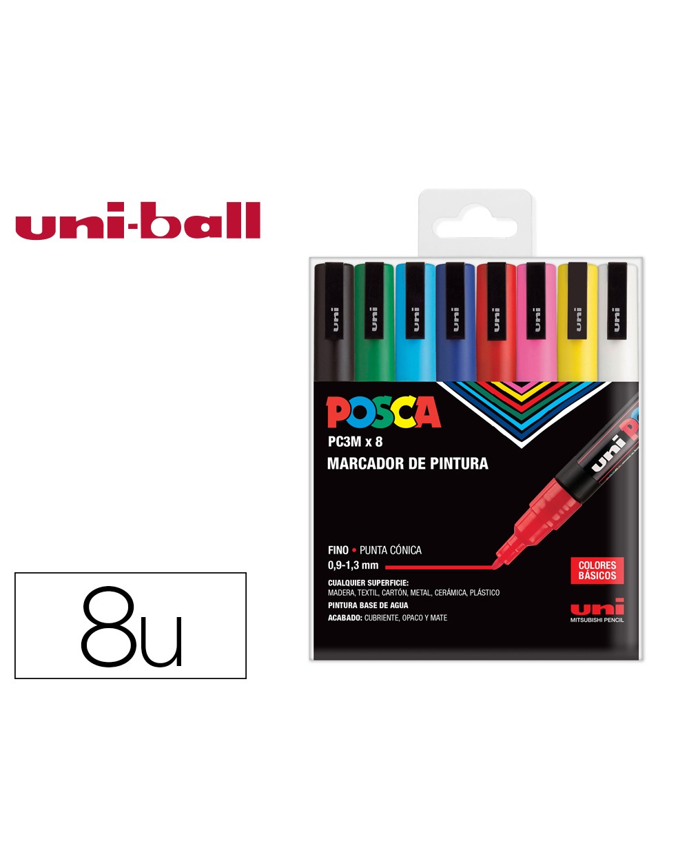 Rotulador uni posca pc 3m 8c marcador de pintura punta conica 09 13 mm estuche de 8 unidades colores basicos