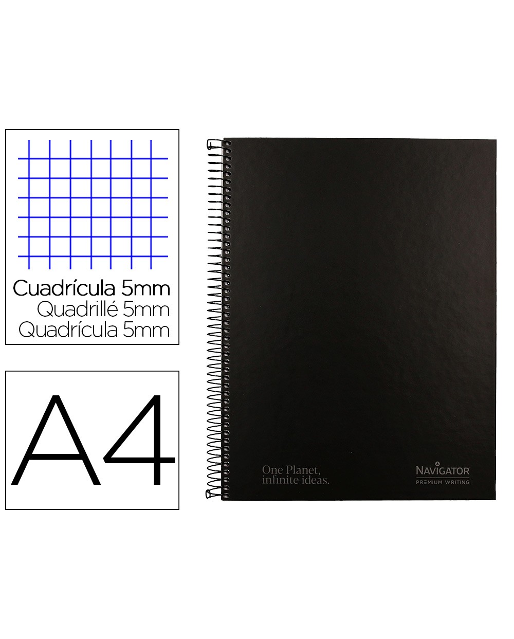 Cuaderno espiral navigator a4 micro tapa forrada 80h 80 gr cuadro 5mm 1 banda color negro
