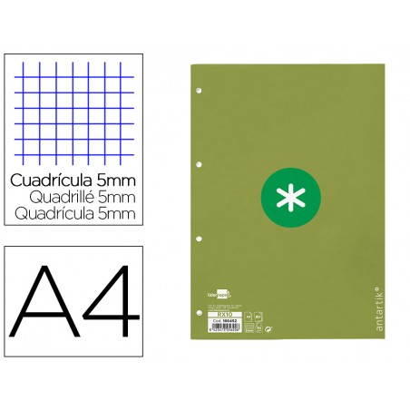 Recambio liderpapel a4 antartik 80 hojas 90g m2 cuadro 5mm 4 taladros 1 banda con marco color verde
