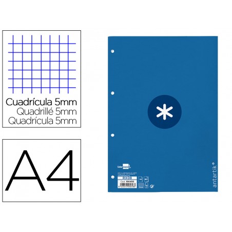 Recambio liderpapel a4 antartik 80 hojas 90g m2 cuadro 5mm 4 taladros 1 banda con marco color azul oscuro