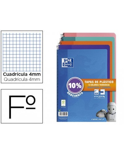 Cuaderno espiral oxford tapa plastico folio 80 hojas cuadro 4 mm pack 5 unidades colores tendecias