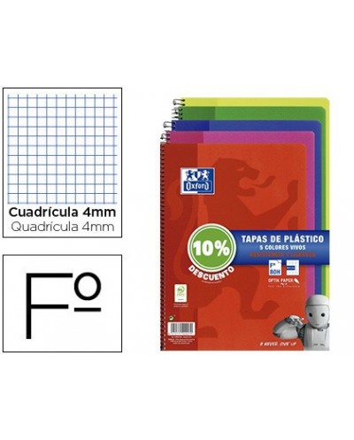 Cuaderno espiral oxford tapa plastico folio 80 hojas cuadro 4 mm pack 5 unidades colores vivos