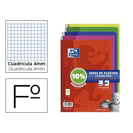 Cuaderno espiral oxford tapa plastico folio 80 hojas cuadro 4 mm pack 5 unidades colores vivos