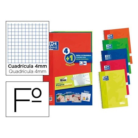 Cuaderno espiral oxford tapa extradura folio 80 hojas cuadro 4 mm con pizarra blancapack 41 colores clasicos